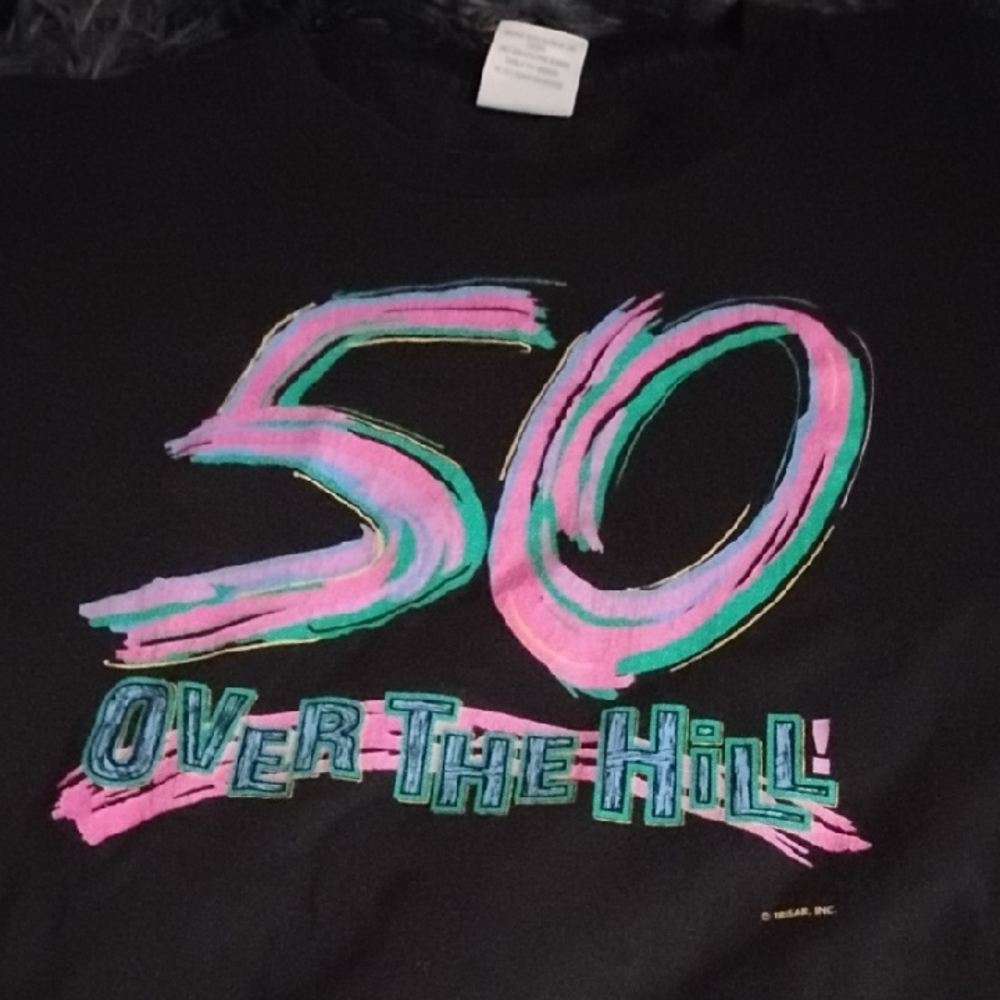 Men's Vintage XL Black 'Over The Hill' Graphic T-Shirt Pyramid Tag